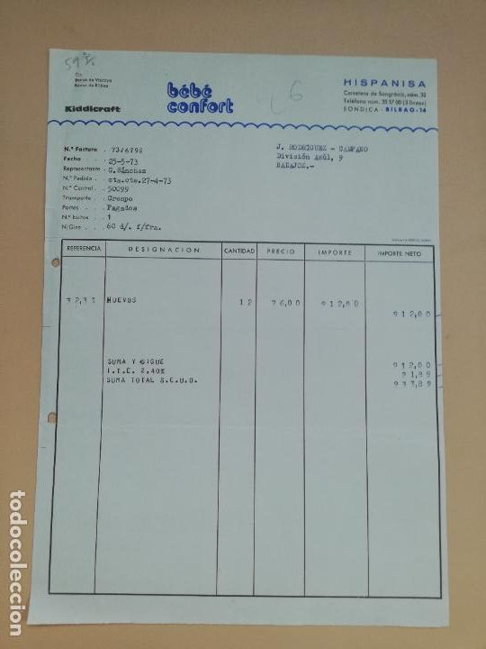 Factures anciennes: FACTURA. HISPANISA. BEBE CONFORT. BILBAO, 1973.