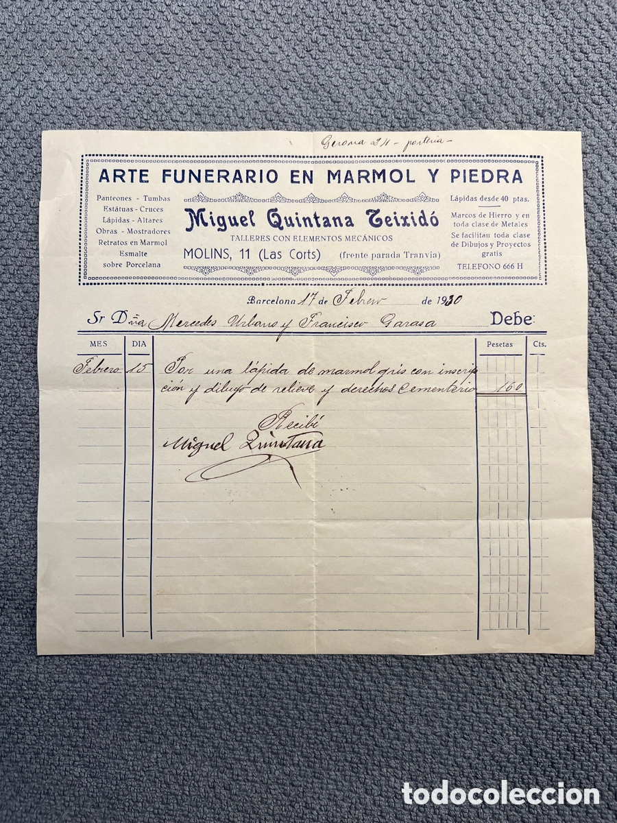 Factures anciennes: BARCELONA. Factura Arte Funer&aacute;rio en M&aacute;rmol y Piedra. Molins,11 LAS CORTS, Barcelona (a.1930)