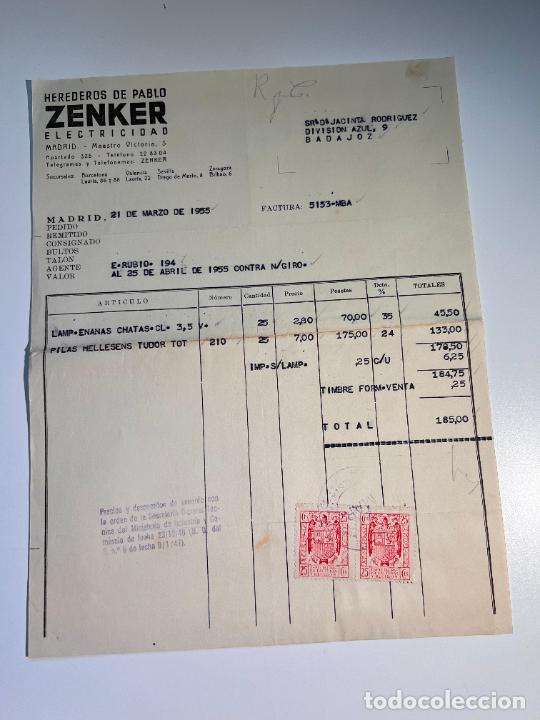 Factures anciennes: FACTURA. ZENKER ELECTRICIDAD. HEREDEROS DE PABLO ZENKER. MADRID, 1955