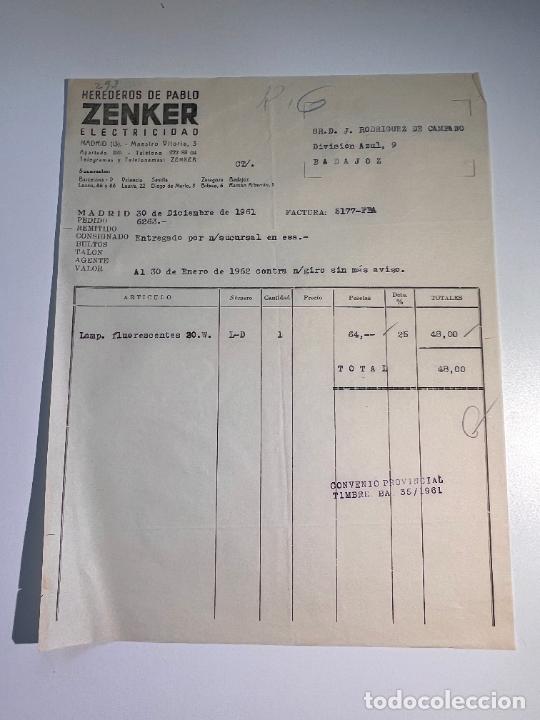 Factures anciennes: FACTURA. ZENKER ELECTRICIDAD. HEREDEROS DE PABLO ZENKER. MADRID, 1961