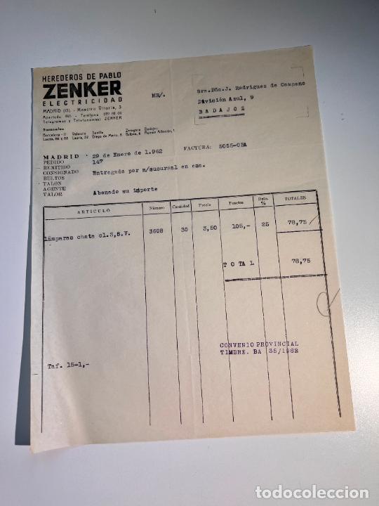 Factures anciennes: FACTURA. ZENKER ELECTRICIDAD. HEREDEROS DE PABLO ZENKER. MADRID, 1962
