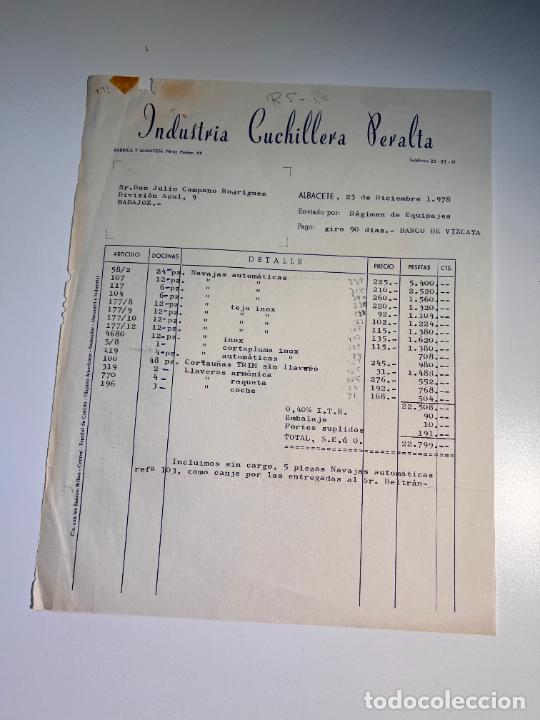 Facturas antiguas: FACTURA. INDUSTRIA CUCHILLERA PERALTA. F&Aacute;BRICA Y ALMAC&Eacute;N. ALBACETE, 1978
