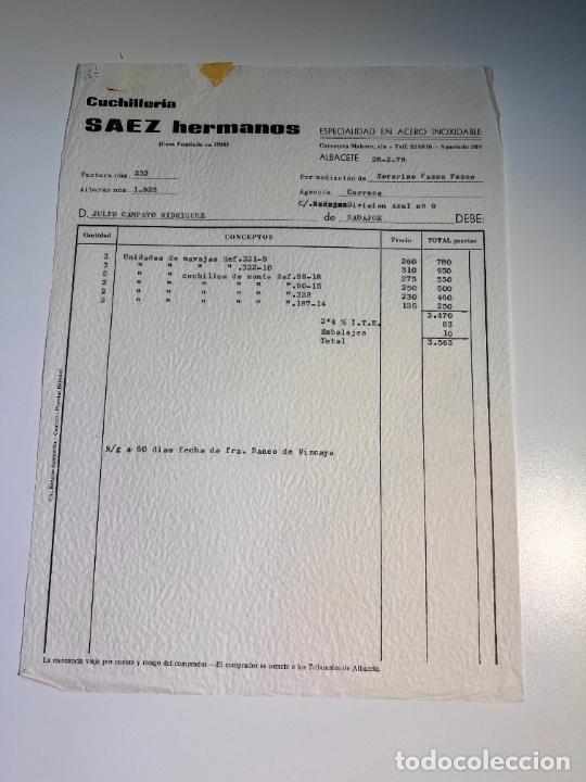 Facturas antiguas: FACTURA. CUCHILLERIA SAEZ HERMANOS. ESPECIALIDAD ACERO INOXIDABLE. ALBACETE, 1978