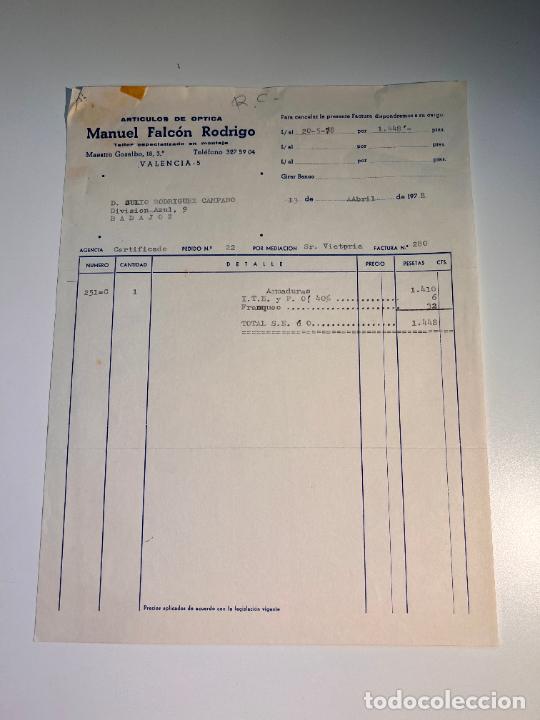 Facturas antiguas: FACTURA. MANUEL FALC&Oacute;N RODRIGO. ARTICULOS DE OPTICA. VALENCIA, 1978