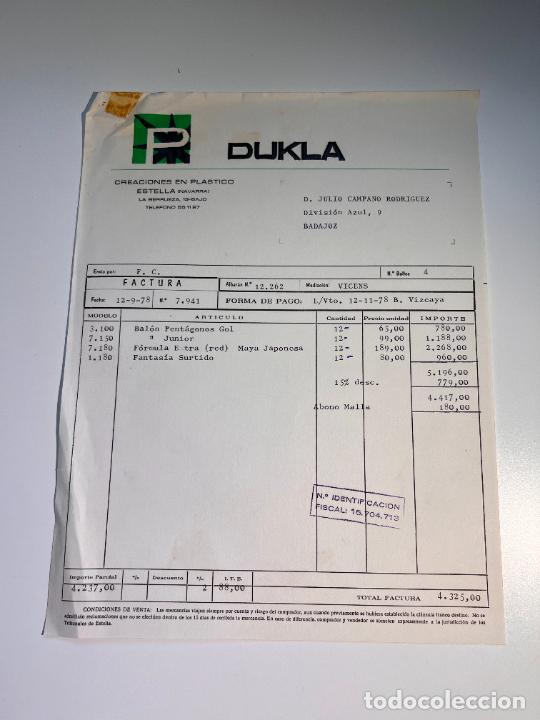 Facturas antiguas: FACTURA. DUKLA. CREACIONES EN PLASTICO. ESTELLA - NAVARRA, 1978
