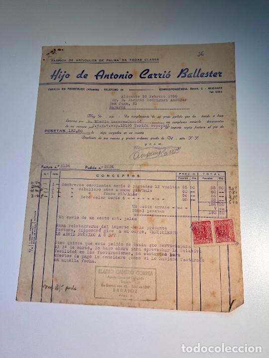 Facturas antiguas: FACTURA. HIJO DE ANTONIO CARRIO BALLESTER. FABRICA DE ARTICULOS DE PALMA. ALICANTE, 1950