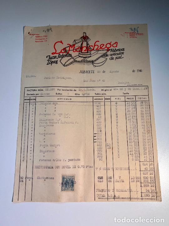 Facturas antiguas: FACTURA. LA MANCHEGA. JUAN ANTONIO L&Oacute;PEZ. F&Aacute;BRICA DE ARTICULOS DE PIEL. ALBACETE, 1950
