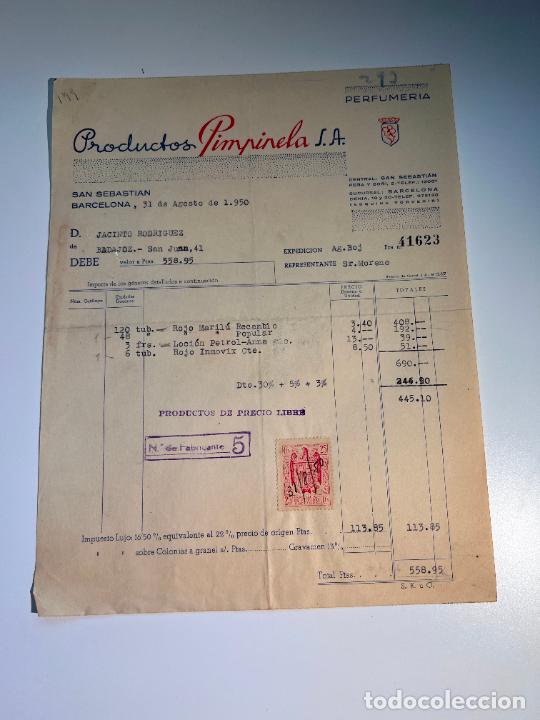 Facturas antiguas: FACTURA. PRODUCTOS PIMPINELA, S.A. PERFUMERIA. BARCELONA, 1950