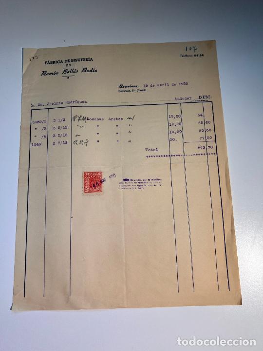 Factures anciennes: FACTURA. F&Aacute;BRICA DE BISUTER&Iacute;A DE RAM&Oacute;N BALL&Uacute;S BAD&Iacute;A. BARCELONA, 1950