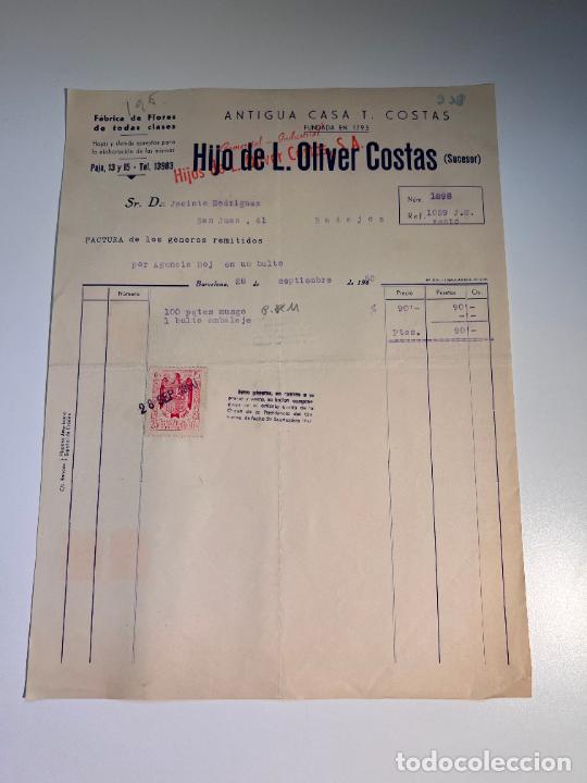 Factures anciennes: FACTURA. HIJO DE L. OLIVER COSTAS. F&Aacute;BRICAS DE FLORES DE TODAS CLASES. BARCELONA, 1950