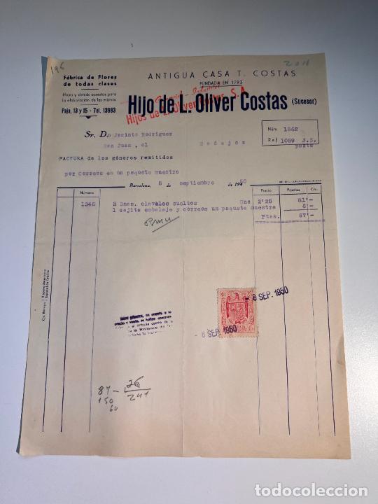 Factures anciennes: FACTURA. HIJO DE L. OLIVER COSTAS. F&Aacute;BRICAS DE FLORES DE TODAS CLASES. BARCELONA, 1950