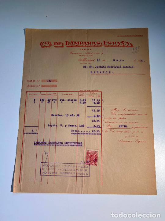 Factures anciennes: FACTURA. COMPA&Ntilde;&Iacute;A DE LAMPARAS ESPA&Ntilde;A. FABRICA. MADRID, 1950
