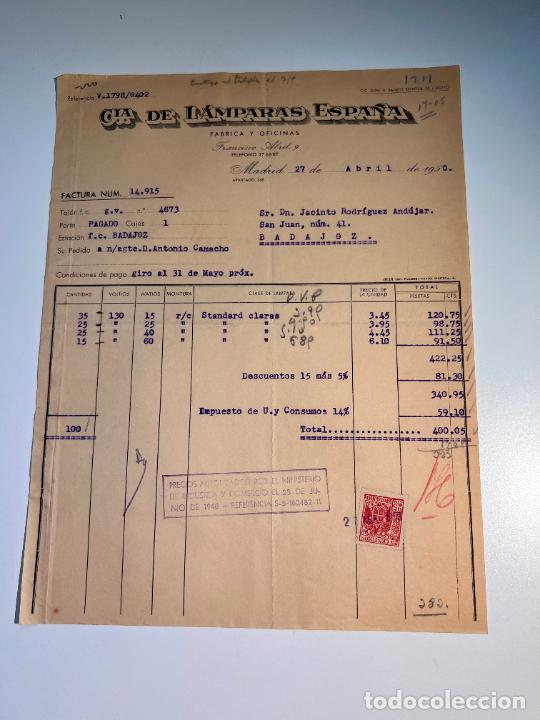 Factures anciennes: FACTURA. COMPA&Ntilde;&Iacute;A DE LAMPARAS ESPA&Ntilde;A. FABRICAS Y OFICINAS. MADRID, 1950