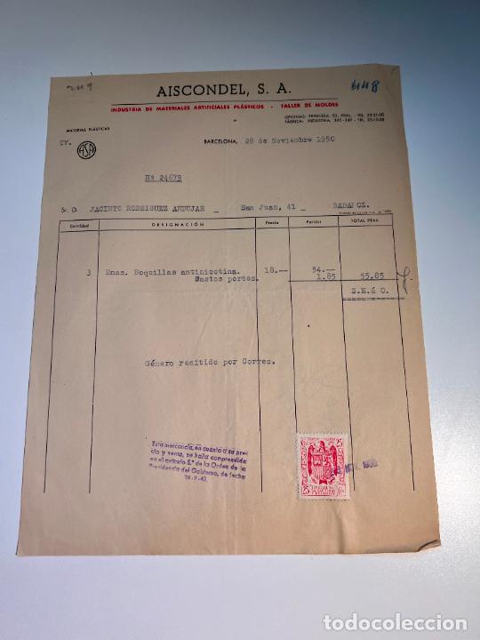 Factures anciennes: FACTURA.AISCONDEL,S.A. INDUSTRIA MATERIALES ARTIFICIALES PL&Aacute;STICOS.TALLER DE MOLDES. BARCELONA, 1950