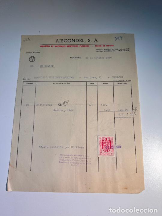 Factures anciennes: FACTURA.AISCONDEL,S.A. INDUSTRIA MATERIALES ARTIFICIALES PL&Aacute;STICOS.TALLER DE MOLDES. BARCELONA, 1950