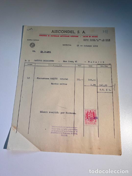 Factures anciennes: FACTURA.AISCONDEL,S.A. INDUSTRIA MATERIALES ARTIFICIALES PL&Aacute;STICOS.TALLER DE MOLDES. BARCELONA, 1950