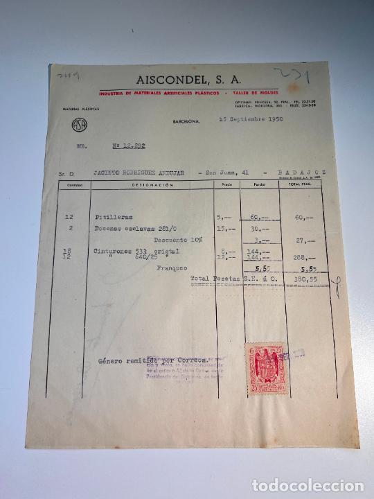 Factures anciennes: FACTURA.AISCONDEL,S.A. INDUSTRIA MATERIALES ARTIFICIALES PL&Aacute;STICOS.TALLER DE MOLDES. BARCELONA, 1950
