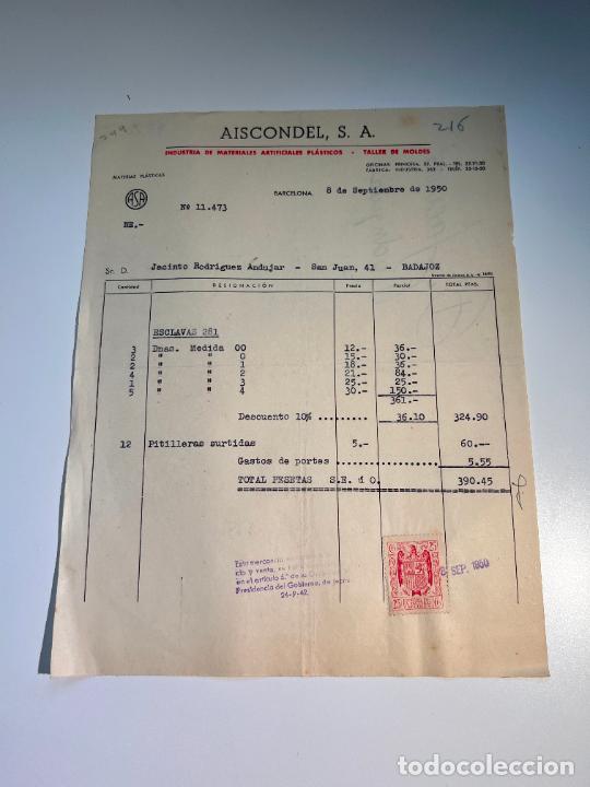 Factures anciennes: FACTURA.AISCONDEL,S.A. INDUSTRIA MATERIALES ARTIFICIALES PL&Aacute;STICOS.TALLER DE MOLDES. BARCELONA, 1950