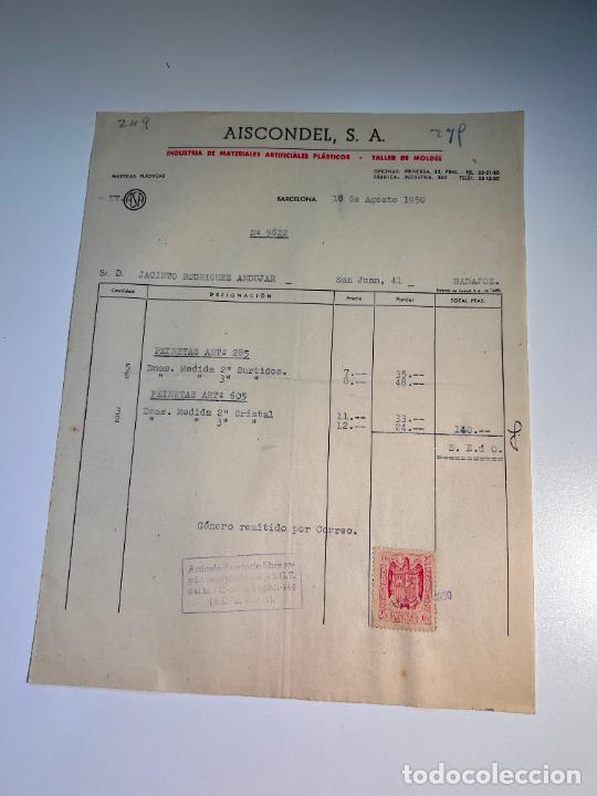 Factures anciennes: FACTURA.AISCONDEL,S.A. INDUSTRIA MATERIALES ARTIFICIALES PL&Aacute;STICOS.TALLER DE MOLDES. BARCELONA, 1950