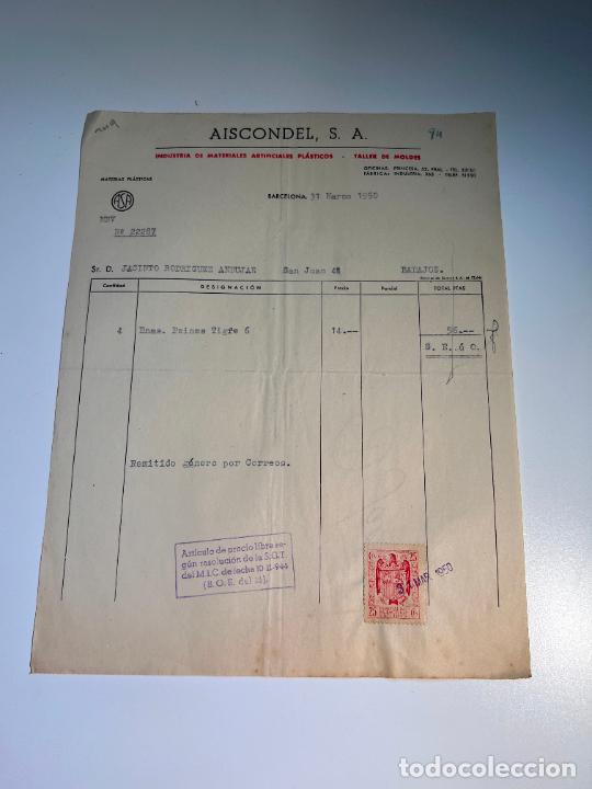 Factures anciennes: FACTURA.AISCONDEL,S.A. INDUSTRIA MATERIALES ARTIFICIALES PL&Aacute;STICOS.TALLER DE MOLDES. BARCELONA, 1950