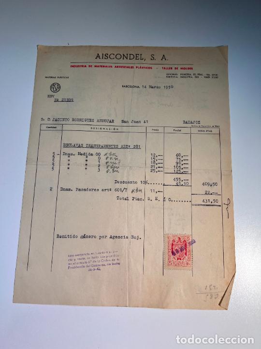 Factures anciennes: FACTURA.AISCONDEL,S.A. INDUSTRIA MATERIALES ARTIFICIALES PL&Aacute;STICOS.TALLER DE MOLDES. BARCELONA, 1950