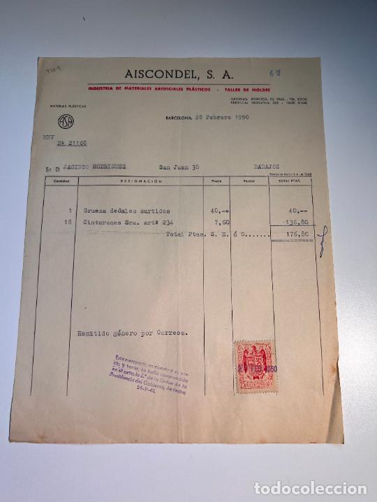 Factures anciennes: FACTURA.AISCONDEL,S.A. INDUSTRIA MATERIALES ARTIFICIALES PL&Aacute;STICOS.TALLER DE MOLDES. BARCELONA, 1950