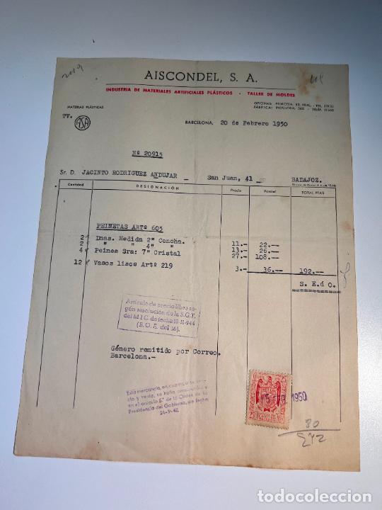 Factures anciennes: FACTURA.AISCONDEL,S.A. INDUSTRIA MATERIALES ARTIFICIALES PL&Aacute;STICOS.TALLER DE MOLDES. BARCELONA, 1950