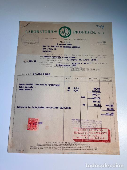 Factures anciennes: FACTURA. LABORATORIOS PROFID&Eacute;N. INVESTIGACIONES Y PREPARACIONES ODONTOLOGICAS. MADRID, 1950