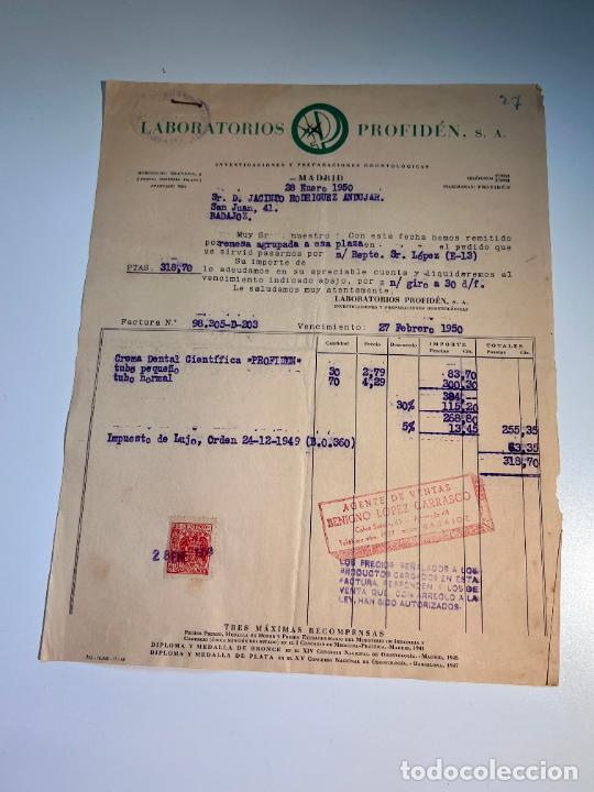 Factures anciennes: FACTURA. LABORATORIOS PROFID&Eacute;N. INVESTIGACIONES Y PREPARACIONES ODONTOLOGICAS. MADRID, 1950