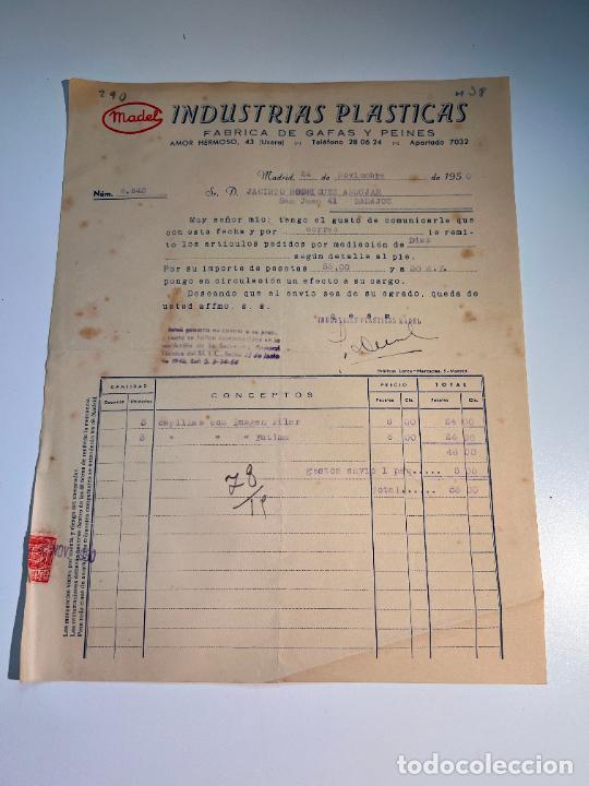 Factures anciennes: FACTURA. MADEL. INDUSTRIAS PLASTICAS. FABRICA DE GAFAS Y PEINES. MADRID, 1950