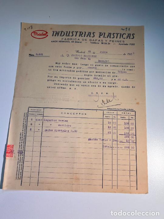 Factures anciennes: FACTURA. MADEL. INDUSTRIAS PLASTICAS. FABRICA DE GAFAS Y PEINES. MADRID, 1950