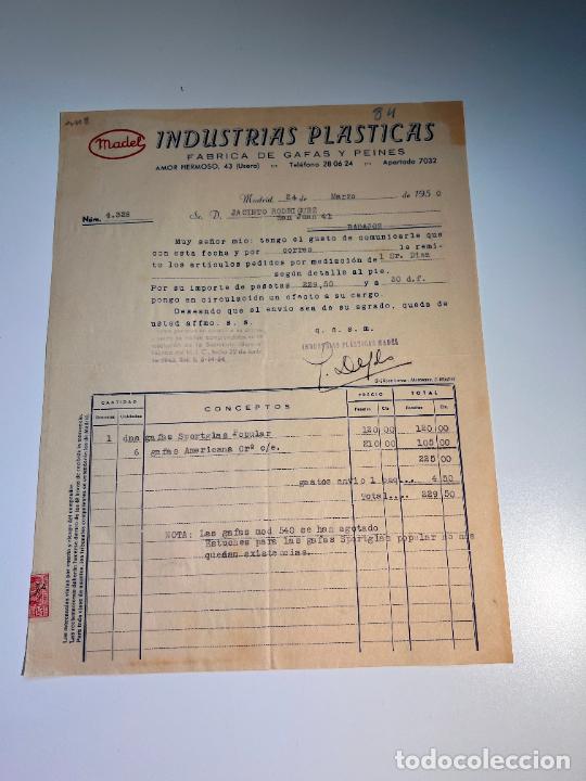 Factures anciennes: FACTURA. MADEL. INDUSTRIAS PLASTICAS. FABRICA DE GAFAS Y PEINES. MADRID, 1950