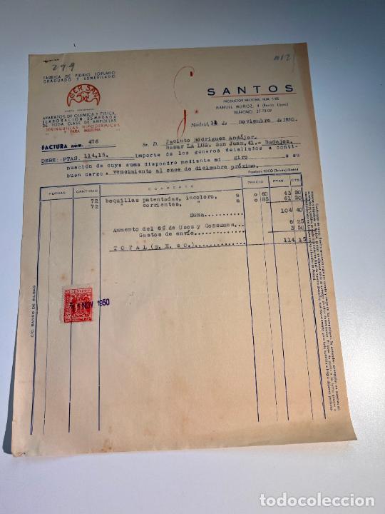 Factures anciennes: FACTURA. SANTOS. FABRICA DE VIDRIO SOPLADO GRADUADO Y ESMERILADO. MADRID, 1950