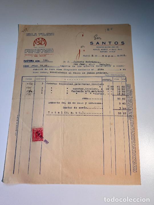 Factures anciennes: FACTURA. SANTOS. FABRICA DE VIDRIO SOPLADO GRADUADO Y ESMERILADO. MADRID, 1950