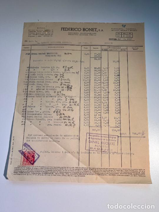 Factures anciennes: FACTURA. FEDERICO BONET. PERFUMERIA, ESPECIALIDADES PRODUCTOS QUIMICOS. BARCELONA, 1950
