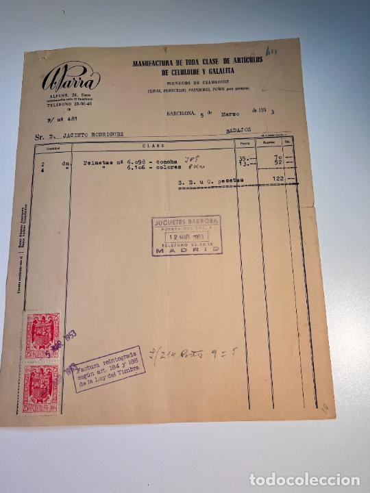 Old Invoices: FACTURA. A. PARRA. MANUFACTURA ARTICULOS DE CELULOIDE Y GALALITA. BARCELONA, 1953