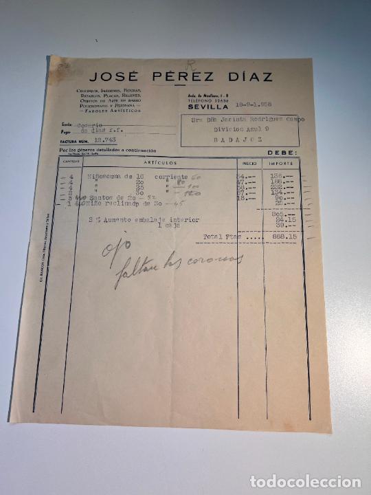 Old Invoices: FACTURA. JOSE PEREZ DIAZ. CRUCIFIJOS, IMAGENES, FIGURAS, FAROLES ARTISTICOS. SEVILLA, 1958