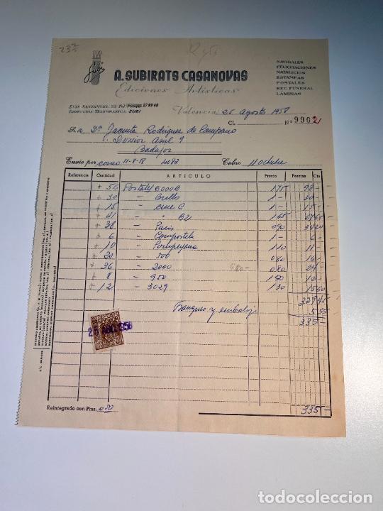 Old Invoices: FACTURA. A. SUBIRATS CASANOVAS. EDICIONES ART&Iacute;STICAS. VALENCIA, 1958