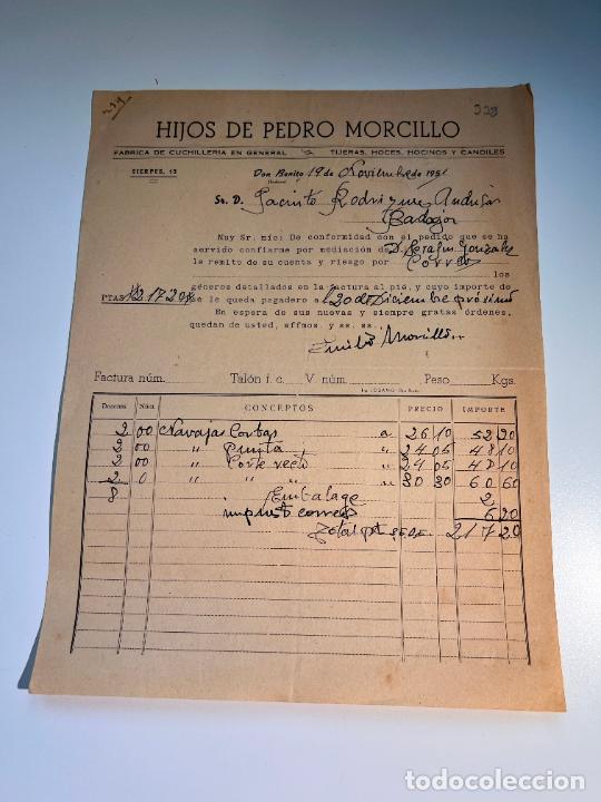 Old Invoices: FACTURA. HIJOS DE PEDRO MORCILLO. FABRICA DE CUCHILLERIA EN GENERAL. DON BENITO - BADAJOZ, 1951