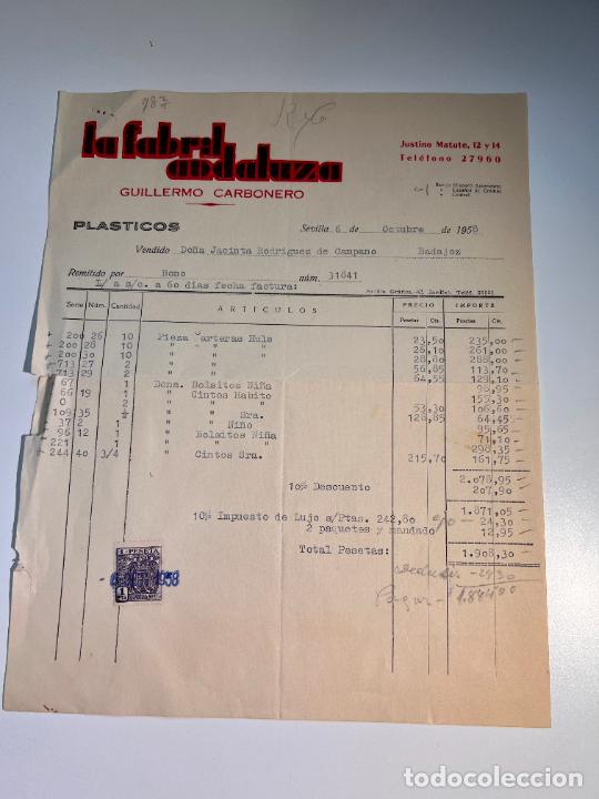 Old Invoices: FACTURA. LA FABRIL ANDALUZA. GUILLERMO CARBONERO. PLASTICOS. SEVILLA, 1958