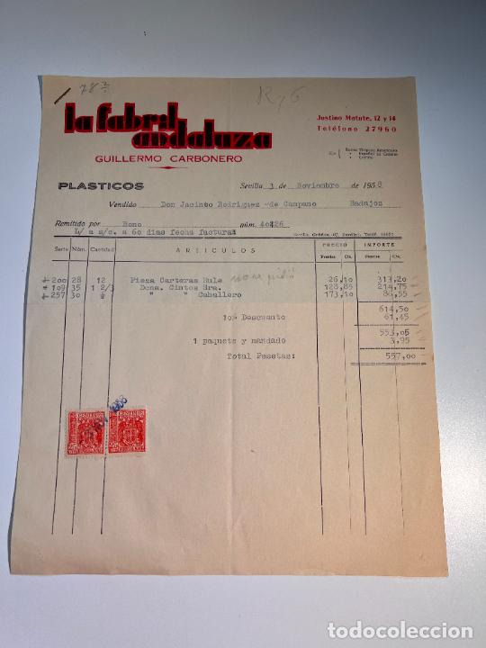Old Invoices: FACTURA. LA FABRIL ANDALUZA. GUILLERMO CARBONERO. PLASTICOS. SEVILLA, 1958