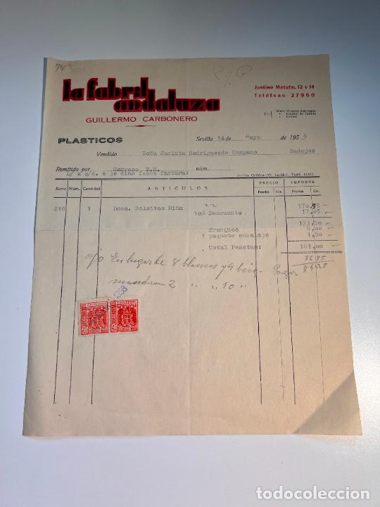 Old Invoices: FACTURA. LA FABRIL ANDALUZA. GUILLERMO CARBONERO. PLASTICOS. SEVILLA, 1958