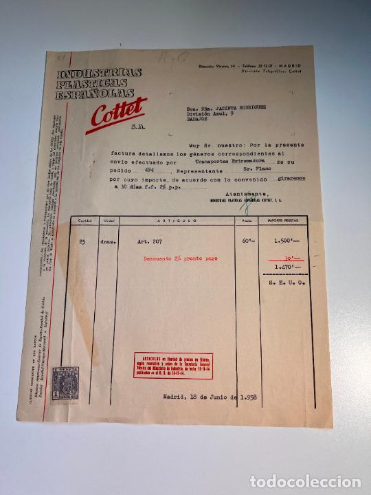 Old Invoices: FACTURA. INDUSTRIAS PLASTICAS ESPA&Ntilde;OLAS COTTET. MADRID, 1958
