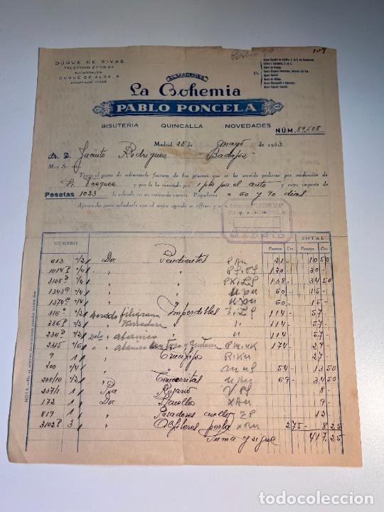 Old Invoices: FACTURA. ALMACENES LA BOHEMIA. PABLO PONCELA. MADRID, 1953