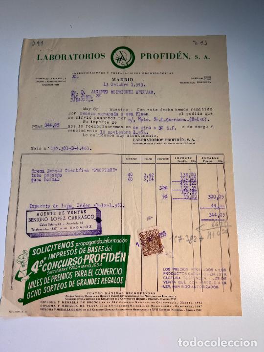 Old Invoices: FACTURA. LABORATORIOS PROFID&Eacute;N. INVESTIGACIONES Y PREPARACIONES ODONTOLOGICAS. MADRID, 1953
