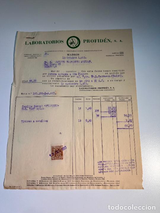 Old Invoices: FACTURA. LABORATORIOS PROFID&Eacute;N. INVESTIGACIONES Y PREPARACIONES ODONTOLOGICAS. MADRID, 1953