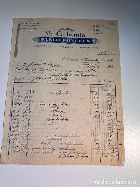 Old Invoices: FACTURA. ALMACENES LA BOHEMIA. PABLO PONCELA. MADRID, 1953