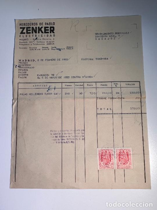 Old Invoices: FACTURA. ZENKER ELECTRICIDAD. HEREDEROS DE PABLO ZENKER. MADRID, 1955