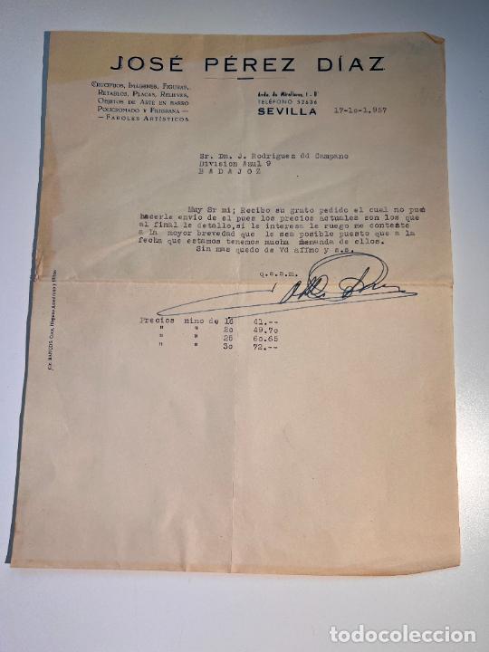 Old Invoices: FACTURA. JOSE PEREZ DIAZ. CRUCIFIJOS, IMAGENES, FIGURAS, FAROLES ARTISTICOS. SEVILLA, 1957