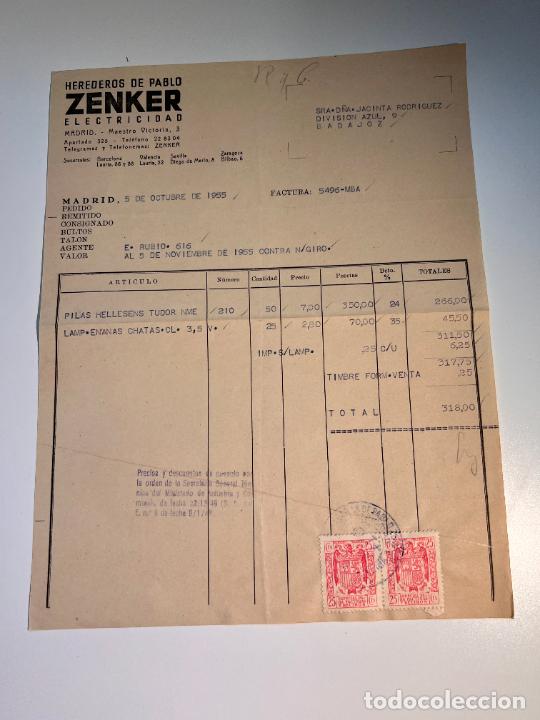 Old Invoices: FACTURA. ZENKER ELECTRICIDAD. HEREDEROS DE PABLO ZENKER. MADRID, 1955